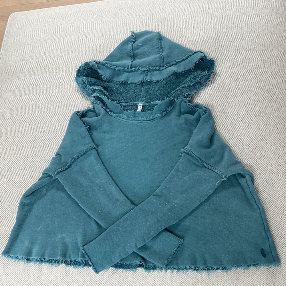 Free People Teal Frayed Edge Hooded Sweatshirt
